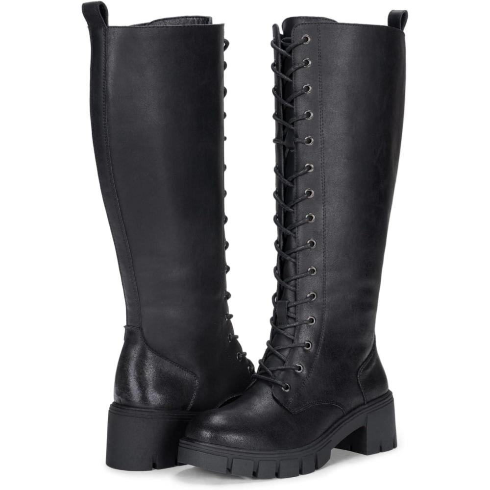 imageVepose Womens 953 Knee High Combat Boots Chunky Platform Heel Lace Up Gothic Punk Work Boots for Dresses and JeansLeatherblack Pu