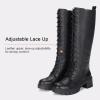 imageVepose Womens 953 Knee High Combat Boots Chunky Platform Heel Lace Up Gothic Punk Work Boots for Dresses and JeansLeatherblack Pu