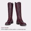 imageVepose Womens 953 Knee High Combat Boots Chunky Platform Heel Lace Up Gothic Punk Work Boots for Dresses and JeansRed Pu