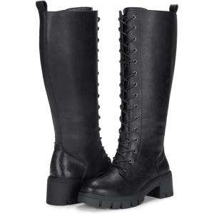 imageVepose Womens 953 Knee High Combat Boots Chunky Platform Heel Lace Up Gothic Punk Work Boots for Dresses and JeansLeatherblack Pu