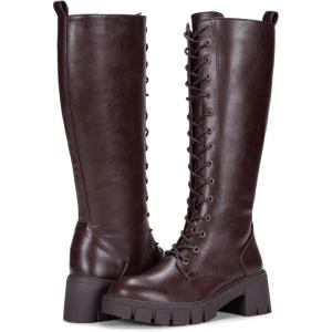 imageVepose Womens 953 Knee High Combat Boots Chunky Platform Heel Lace Up Gothic Punk Work Boots for Dresses and JeansWhisky