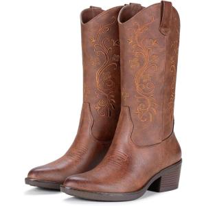 image:imageVepose Cowboy Cowgirl Boots for Women Western Embroidered MidCalf Comfortable Cute Boots Pointed Toe PullOn Low Chunky Heel for Walk Country Concert Theme Party Dance and Rodeo 9802Vintage9802brown
