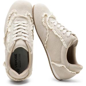image:imageVepose Womens Fashion Sneakers Dressy Casual Square Toe Lace Detail Retro Tennis Shoes Comfortable Walking 8205 TrainersBeige Suede