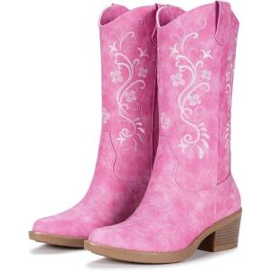image:imageVepose Womens Cowboy Boots Mid Calf Floral Embroidered Western Cowgirl Pointed Toe Low Chunky Heel Pull On Botas Vaqueras Walk Country Concert Theme Party Dance Rodeo 9802Stylish9802pink