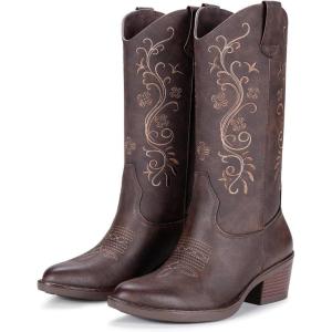 image:imageVepose Womens Cowboy Boots Mid Calf Floral Embroidered Western Cowgirl Pointed Toe Low Chunky Heel Pull On Botas Vaqueras Walk Country Concert Theme Party Dance Rodeo 9802Western9802whisky
