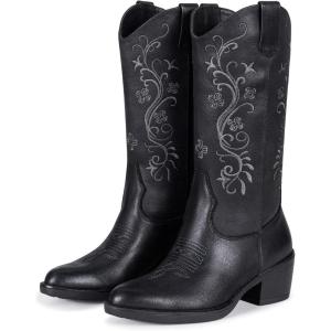 image:imageVepose Womens Cowboy Boots Mid Calf Floral Embroidered Western Cowgirl Pointed Toe Low Chunky Heel Pull On Botas Vaqueras Walk Country Concert Theme Party Dance Rodeo 9802Classic9802black