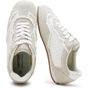 image:imageVepose Womens Casual Dressy Retro Gat Fashion Sneakers Square Toe Suede Woven Raffia Lace Walking Tennis Shoes Comfortable Cute Memory Foam Lightweight Everyday Travel 8205Whitegrey Woven