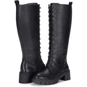 image:imageVepose Womens 953 Knee High Combat Boots Chunky Platform Heel Lace Up Gothic Punk Work Boots for Dresses and JeansCoated Leatherblack Pu