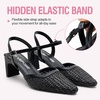 image:imageVepose Womens Mesh Woven Raffia Pointed Toe Pumps Ankle Strap Closed Toe  Approx 3 Inch Slim Block Heels Dressy Business Casual Office Wedding Shoes 6107Black