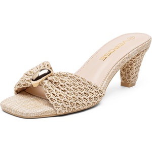 image:imageVepose Womens Embellished Woven Raffia Heeled Sandals Approx 3 Inch Flared Block Chunky Sculptural Slip on Mule Heels  Square Open Toe Business Casual Wedding Guest Shoes 6102Nude Ring