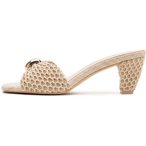 image:imageVepose Womens Embellished Woven Raffia Heeled Sandals Approx 3 Inch Flared Block Chunky Sculptural Slip on Mule Heels  Square Open Toe Business Casual Wedding Guest Shoes 6102Beige Ring