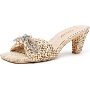 image:imageVepose Womens Embellished Woven Raffia Heeled Sandals Approx 3 Inch Flared Block Chunky Sculptural Slip on Mule Heels  Square Open Toe Business Casual Wedding Guest Shoes 6102Nude Bow