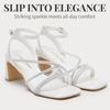 image:imageVepose Womens Rhinestone Strappy Block Heel Sandals Square Open Toe  Sparkly dress bridal shoes with rhinestone straps ankle buckle and 28 inch small heel for weddings or promWhite