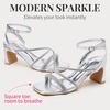 image:imageVepose Womens Rhinestone Strappy Block Heel Sandals Square Open Toe  Sparkly dress bridal shoes with rhinestone straps ankle buckle and 28 inch small heel for weddings or promSilver