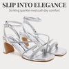 image:imageVepose Womens Rhinestone Strappy Block Heel Sandals Square Open Toe  Sparkly dress bridal shoes with rhinestone straps ankle buckle and 28 inch small heel for weddings or promSilver