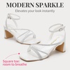 image:imageVepose Womens Rhinestone Strappy Block Heel Sandals Square Open Toe  Sparkly dress bridal shoes with rhinestone straps ankle buckle and 28 inch small heel for weddings or promWhite
