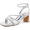 image:imageVepose Womens Rhinestone Strappy Block Heel Sandals Square Open Toe  Sparkly dress bridal shoes with rhinestone straps ankle buckle and 28 inch small heel for weddings or promSilver