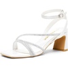 image:imageVepose Womens Rhinestone Strappy Block Heel Sandals Square Open Toe  Sparkly dress bridal shoes with rhinestone straps ankle buckle and 28 inch small heel for weddings or promWhite