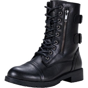 image:imageVepose Womens Combat Boots Low Heel Mid Calf Military Boots with Card Knife Wallet PocketLeatherlblack