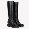 image:imageWomens Knee High Riding Boots Square Toe Buckle Harness Style  Low block chunky heel fashion boots side zipper hidden stretch panel styled for fall layers city days and goingout looksRivet Black
