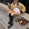 image:imageWomens Knee High Riding Boots Square Toe Buckle Harness Style  Low block chunky heel fashion boots side zipper hidden stretch panel styled for fall layers city days and goingout looksRivet Buckle Black