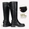 image:imageWomens Knee High Riding Boots Square Toe Buckle Harness Style  Low block chunky heel fashion boots side zipper hidden stretch panel styled for fall layers city days and goingout looksRivet Black