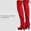 image:imageWomens Suede Thigh High Over the Knee Boots with Block Heel  Above knee heeled silhouette Tall shaft Long boot shape Inside zipper 35 in heel Skirt and jeans styling ConcertsRed