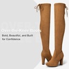image:imageWomens Suede Thigh High Over the Knee Boots with Block Heel  Above knee heeled silhouette Tall shaft Long boot shape Inside zipper 35 in heel Skirt and jeans styling ConcertsCamel