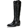 image:imageWomens Embroidered Knee High Western Low Heel Cowboy Boots  Round toe inside zipper pull tabs memory foam cushioning breathable lining nonslip rubber outsole for daily looksBlack