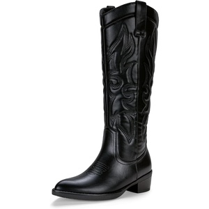 image:imageWomens Embroidered Knee High Western Low Heel Cowboy Boots  Round toe inside zipper pull tabs memory foam cushioning breathable lining nonslip rubber outsole for daily looksBlack