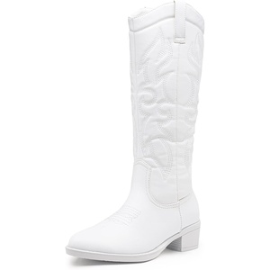 image:imageWomens Embroidered Knee High Western Low Heel Cowboy Boots  Round toe inside zipper pull tabs memory foam cushioning breathable lining nonslip rubber outsole for daily looksWhite