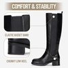 image:imageWomens Elastic Band Knee High Boots Round Toe Pull On Tall Boots  Equestrian fulllength side zipper stretch gusset panels low block heel comfort synthetic leather memory foam work wearBlack
