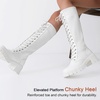 image:imageWomens Lace Up Platform Chunky Heel Knee High Combat Comfort Boots  Tall casual goth boots flat comfortable walking city styling party dresses jeans work sexy riding seampunkWhite