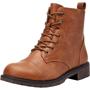 image:imageVepose Womens Lace Up Combat Ankle Boots Cap Toe Low Block HeelBrown