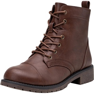 image:imageVepose Womens Lace Up Combat Ankle Boots Cap Toe Low Block HeelCognac