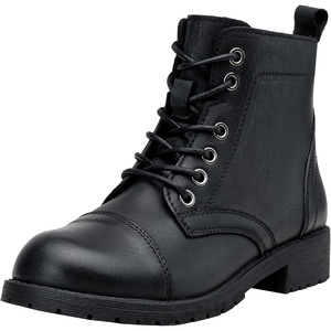image:imageVepose Womens Lace Up Combat Ankle Boots Cap Toe Low Block HeelLeather Black
