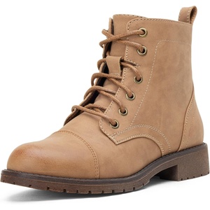 image:imageVepose Womens Lace Up Combat Ankle Boots Cap Toe Low Block HeelTan