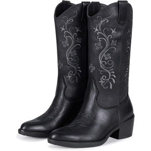 image:imageVepose Womens Cowgirl Boots Embroidered Pointed Toe Mid Calf StyleClassicblack