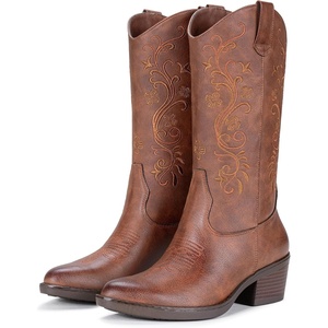 image:imageVepose Womens Cowgirl Boots Embroidered Pointed Toe Mid Calf StyleVintagebrown