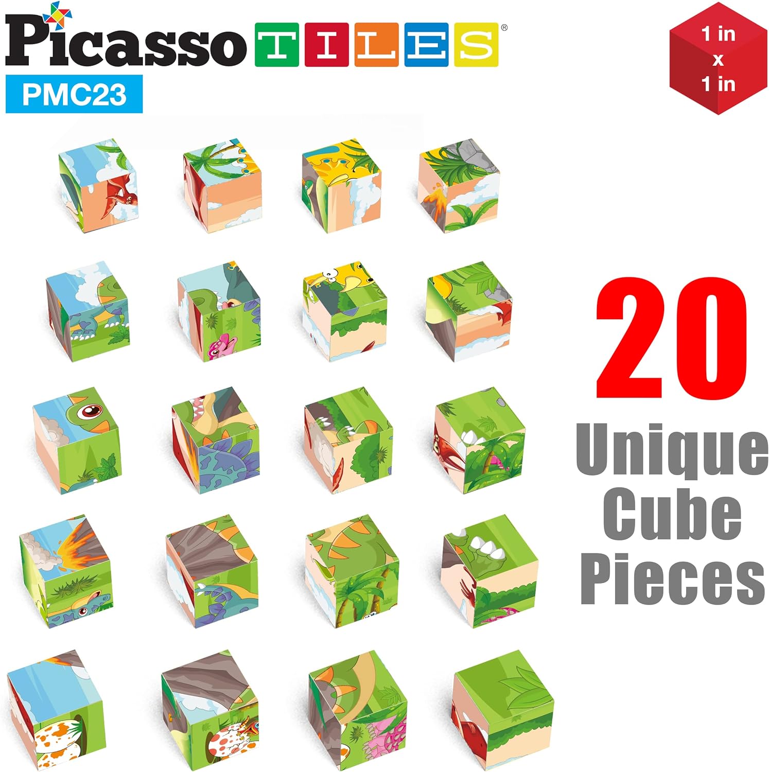 Picasso Cubes 20 pcs Magnetic Cube Puzzle 6in1 Vehicle Theme Pattern Magnet Brain Teaser Cubes Building Block 120 Pictures Toy Set Kids Ages 3  Up Preschool Children Promotes Problem PMC24Dinosaur 20PC