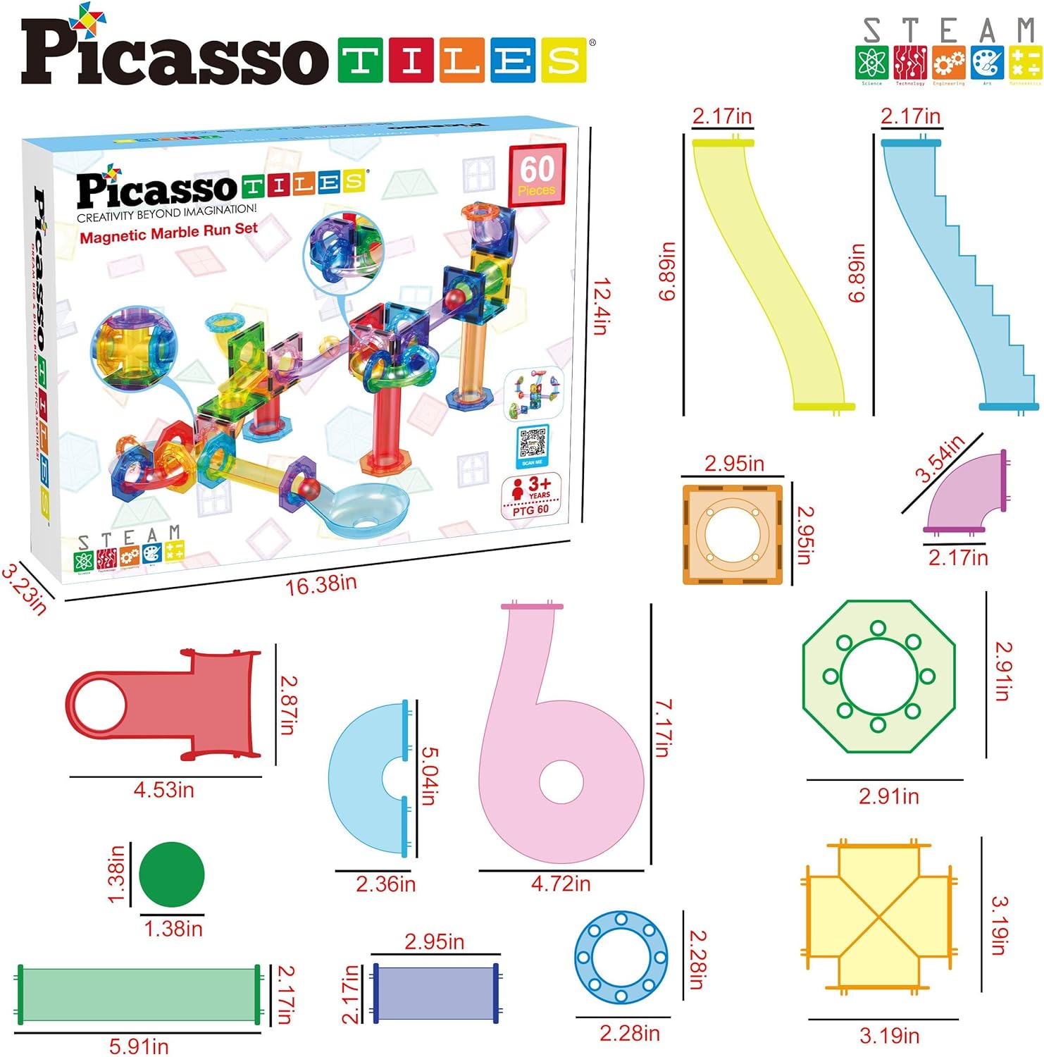 PicassoTiles 12 PC Magnetic Tiles for Marble Run Racetrack Square Joint Shape Building Block Construction Colorful STEM Toy Set Learning Kit Educational Magnet Playset for Toddler Boys  Girls Ages 3PTG60