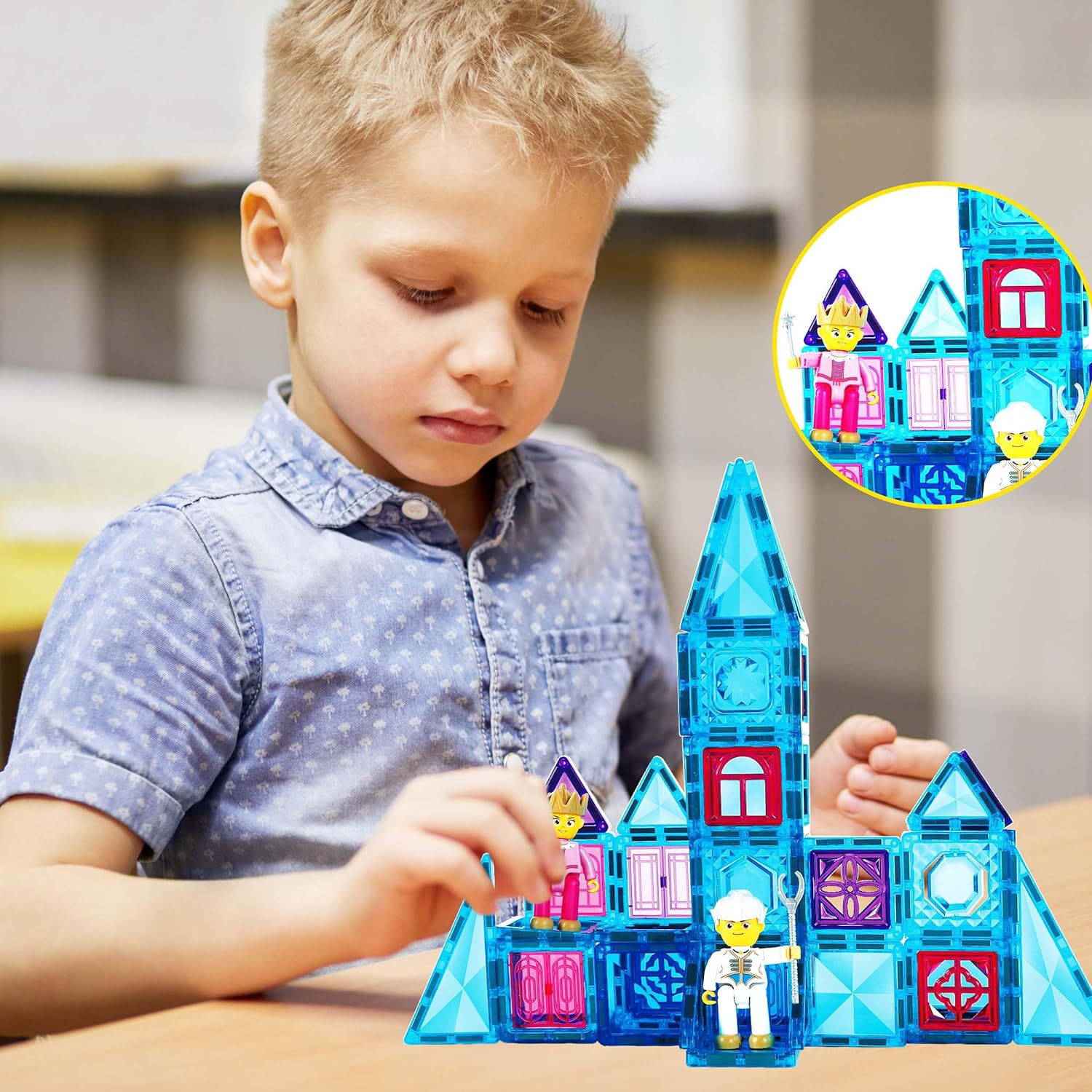 PicassoTiles 71pc Mini Diamond Series Winter Ice Theme Magnetic Tile Building Blocks 2 Character Action Figures Travel Size OnTheGo Magnet Construction Toy Set STEM Development Kit Ages 3 PTM7171pc Ice