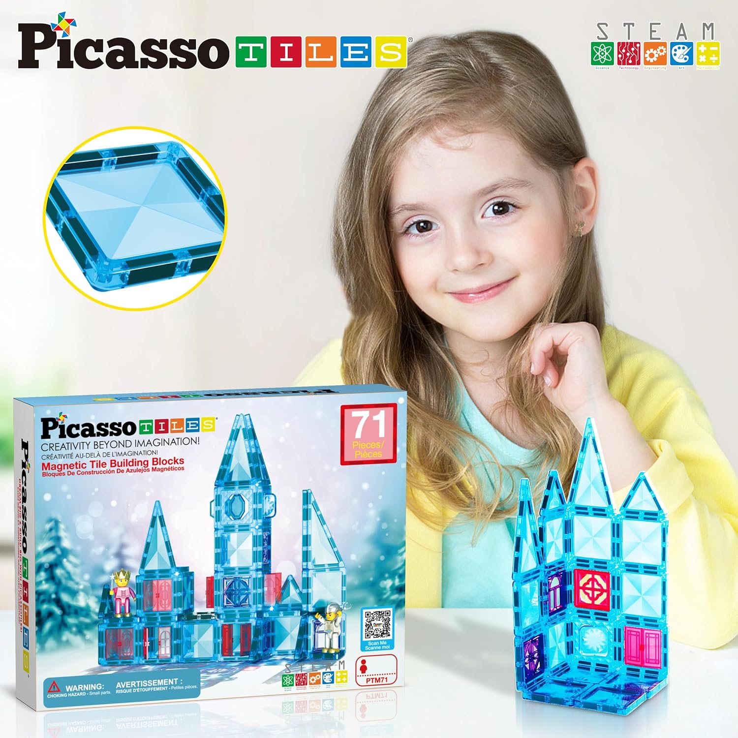 PicassoTiles 71pc Mini Diamond Series Winter Ice Theme Magnetic Tile Building Blocks 2 Character Action Figures Travel Size OnTheGo Magnet Construction Toy Set STEM Development Kit Ages 3 PTM7171pc Ice