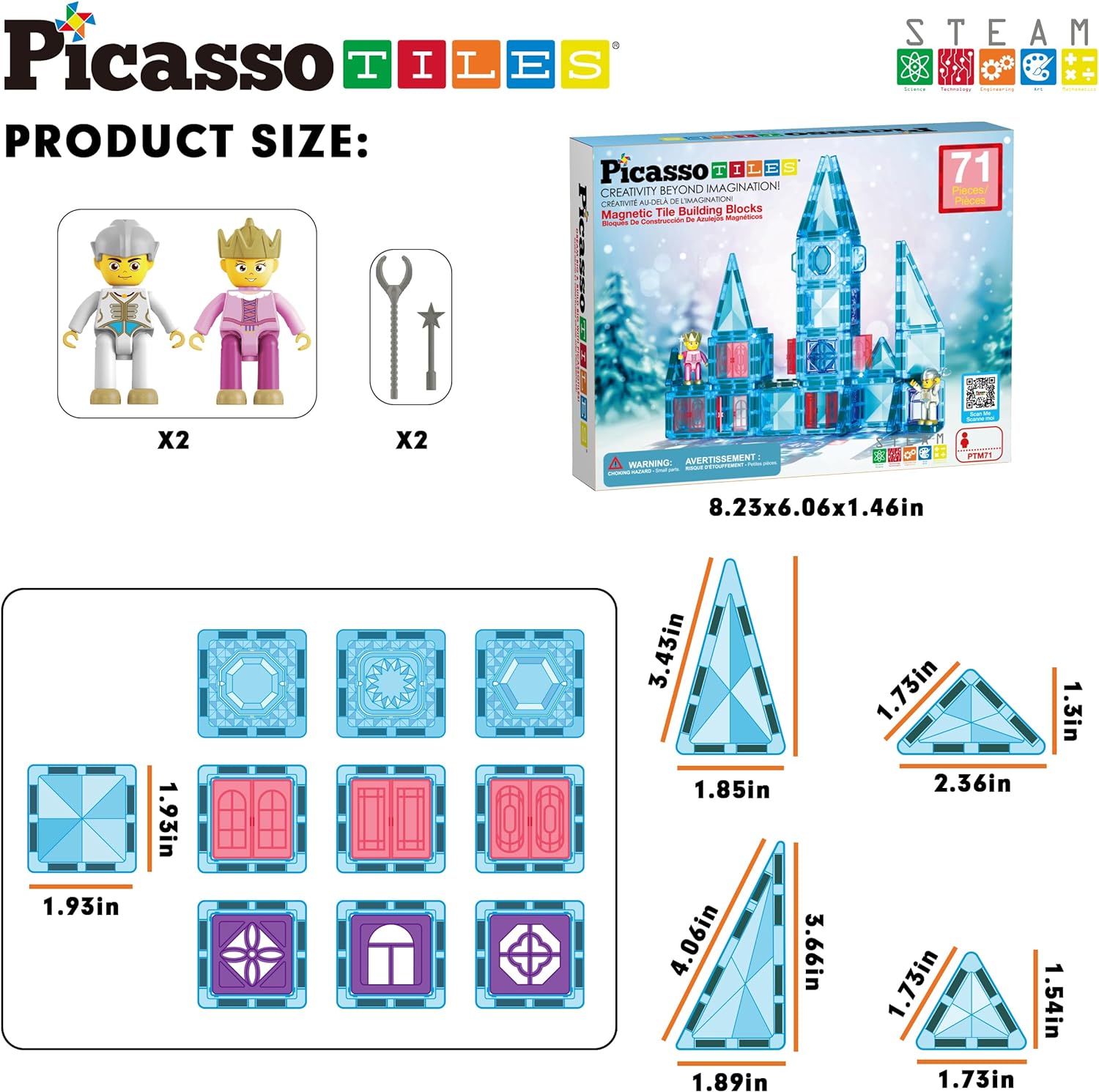 PicassoTiles 71pc Mini Diamond Series Winter Ice Theme Magnetic Tile Building Blocks 2 Character Action Figures Travel Size OnTheGo Magnet Construction Toy Set STEM Development Kit Ages 3 PTM7171pc Ice