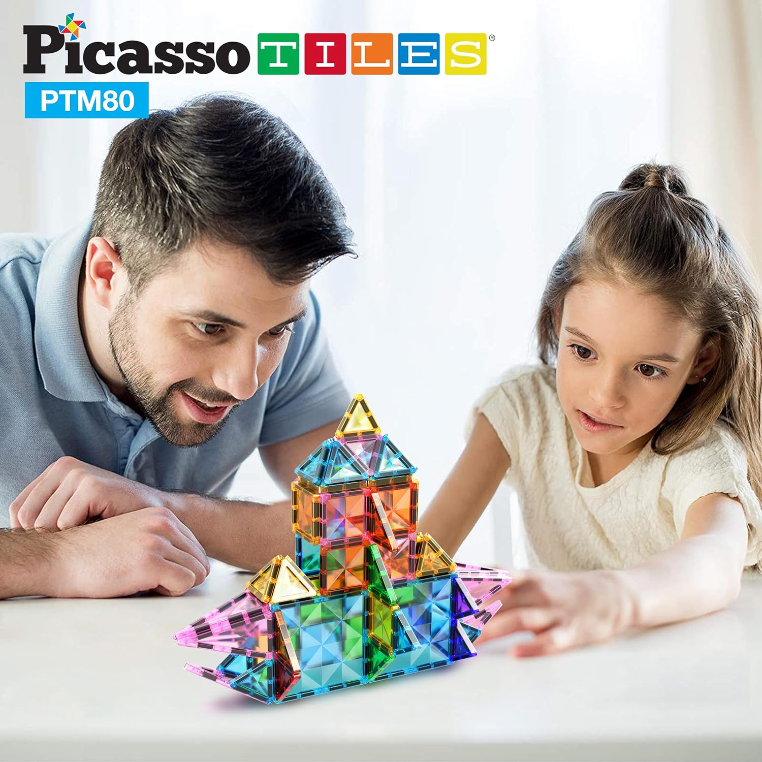 PicassoTiles 71pc Mini Diamond Series Winter Ice Theme Magnetic Tile Building Blocks 2 Character Action Figures Travel Size OnTheGo Magnet Construction Toy Set STEM Development Kit Ages 3 PTM7180pc