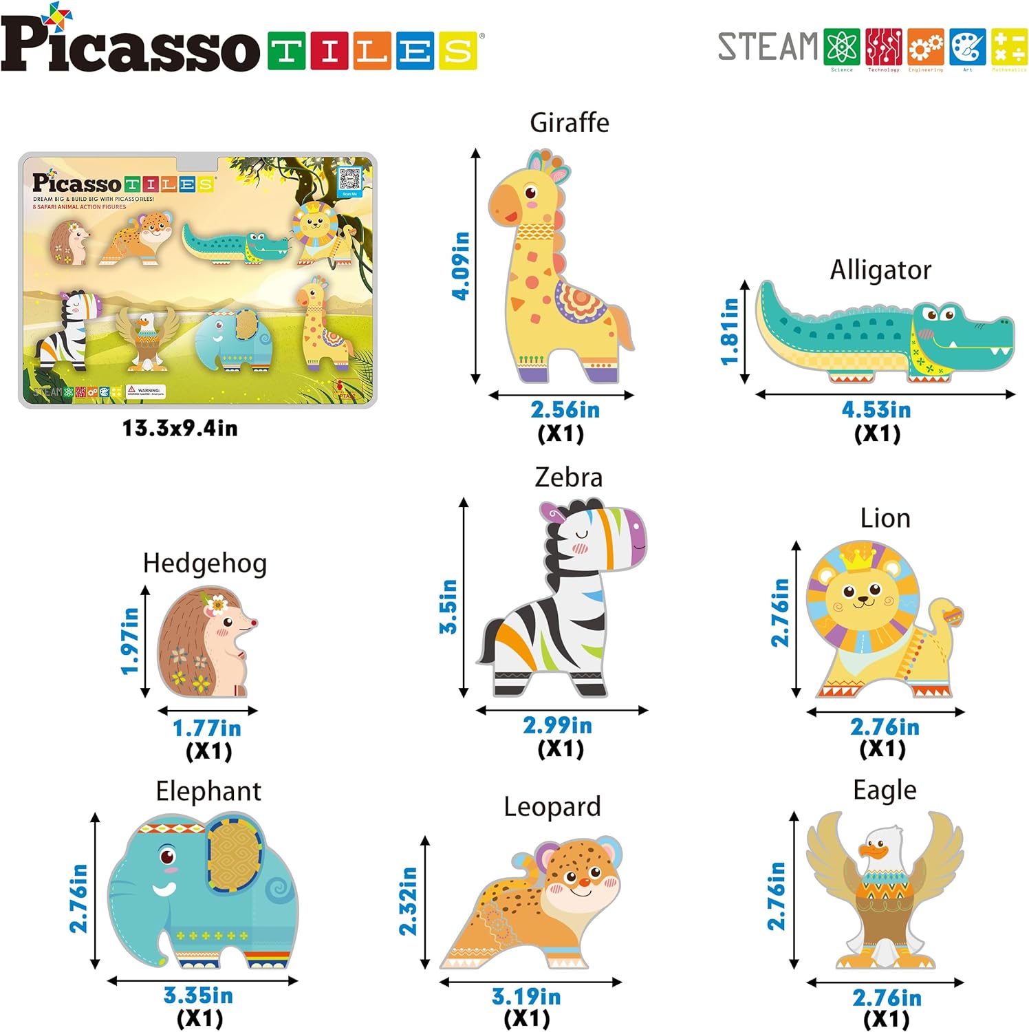 PicassoTiles 8pc Magnet Tile Building Blocks 8 Marine Animal Action Figures Compatible Magnetic Accessory Playset Tiles Kids Toys STEM Educational Learning Preschool Toddler Girls Boys Age 3 PTA25Safari