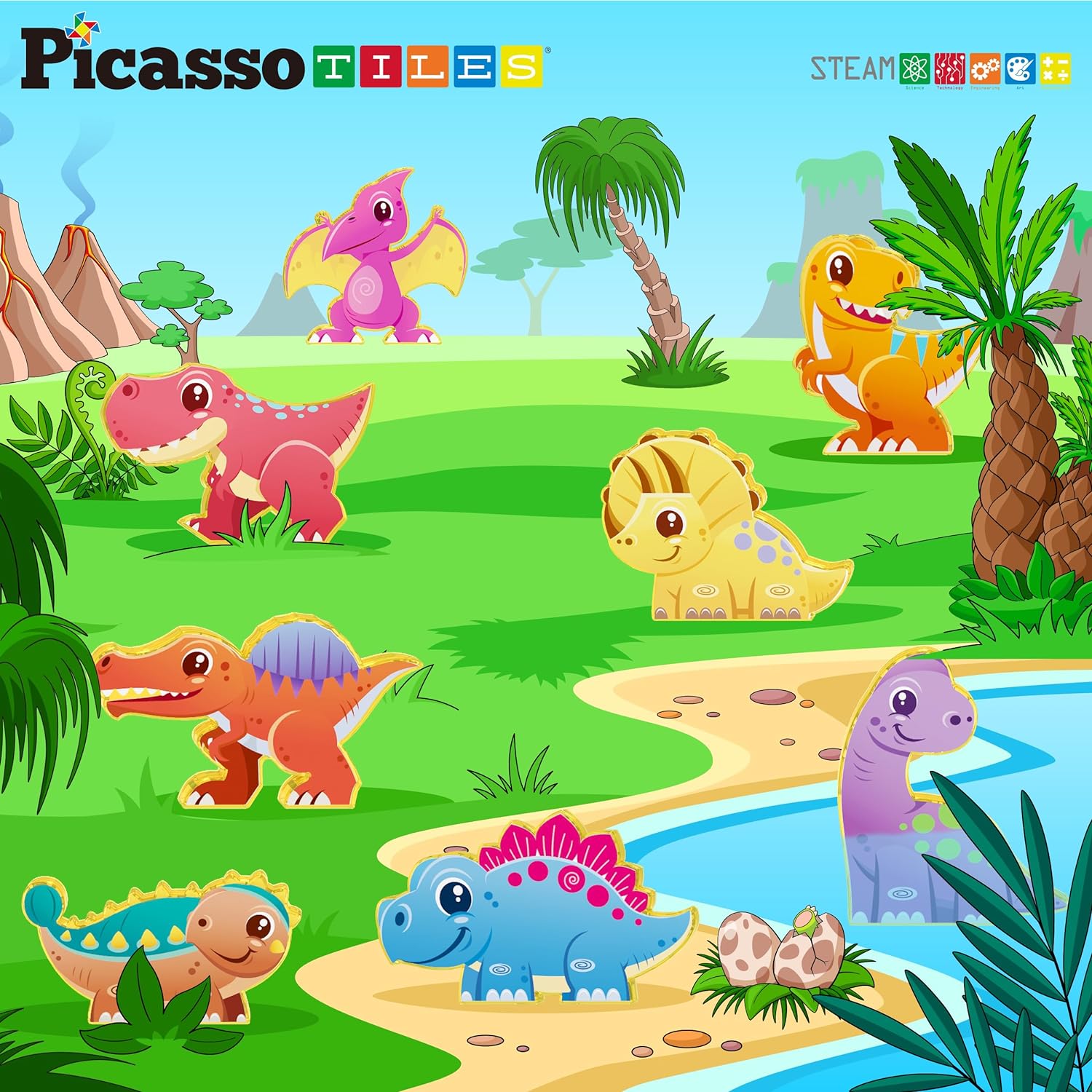 PicassoTiles 8pc Magnet Tile Building Blocks 8 Marine Animal Action Figures Compatible Magnetic Accessory Playset Tiles Kids Toys STEM Educational Learning Preschool Toddler Girls Boys Age 3 PTA25Dinosaur