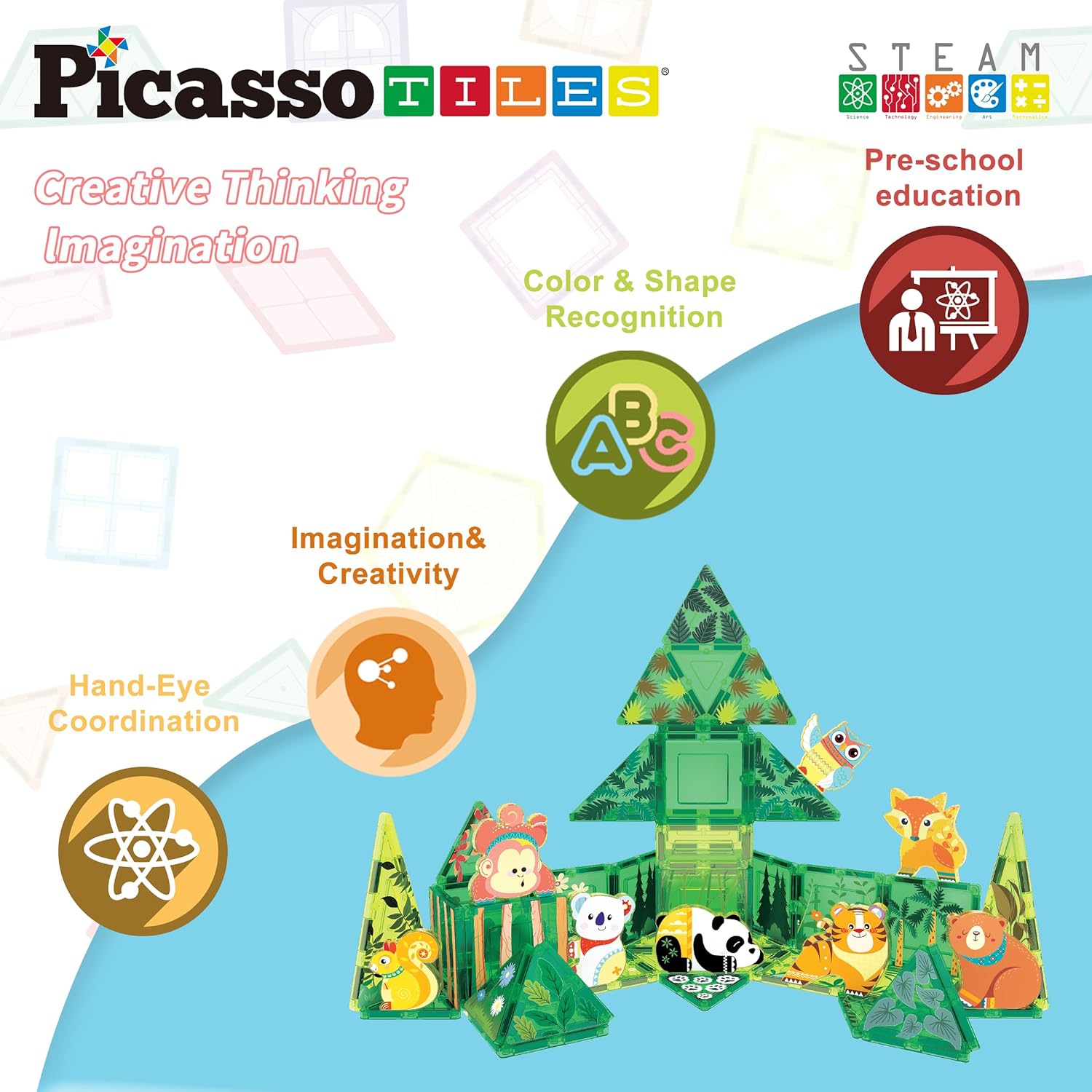 PicassoTiles 8pc Magnet Tile Building Blocks 8 Marine Animal Action Figures Compatible Magnetic Accessory Playset Tiles Kids Toys STEM Educational Learning Preschool Toddler Girls Boys Age 3 PTA25Forest