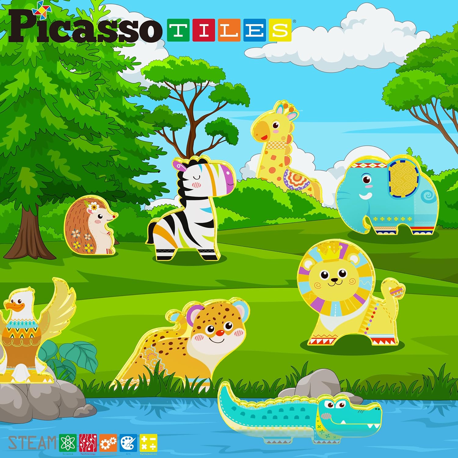 PicassoTiles 8pc Magnet Tile Building Blocks 8 Marine Animal Action Figures Compatible Magnetic Accessory Playset Tiles Kids Toys STEM Educational Learning Preschool Toddler Girls Boys Age 3 PTA25Safari