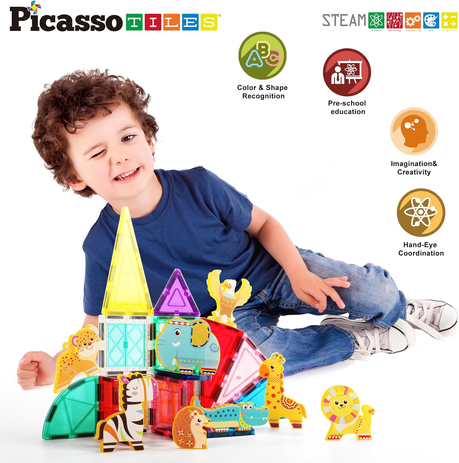 PicassoTiles 8pc Magnet Tile Building Blocks 8 Marine Animal Action Figures Compatible Magnetic Accessory Playset Tiles Kids Toys STEM Educational Learning Preschool Toddler Girls Boys Age 3 PTA25Safari